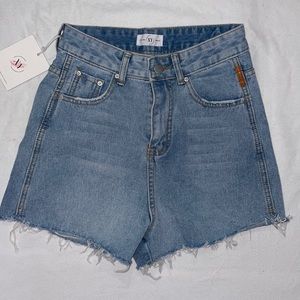 High waisted medium wash mom shorts